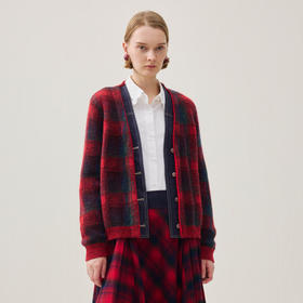 谜底针织开衫长袖2025冬季新品时髦百搭红黑格子毛衫女254MZ1861