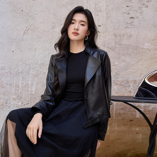 奢姿大码女装2025秋季时尚翻领皮衣胖妹妹个性简约百搭短款外套9953370352 商品图2