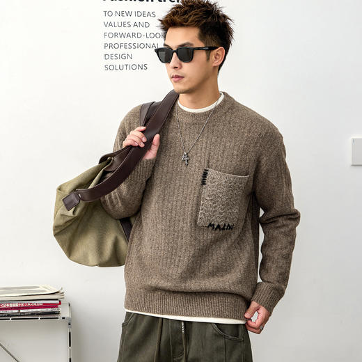 徐太浪【羊毛混纺 拼接口袋】咖色大码毛衣男秋冬内搭打底针织衫 商品图2