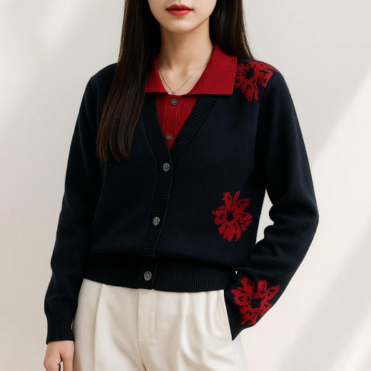 茧墨 雅致撞色印花减龄假两件针织毛衣开衫 商品图8