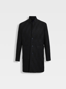 callisto星空蓝羊毛混纺微阔菱形格纹编织大衣