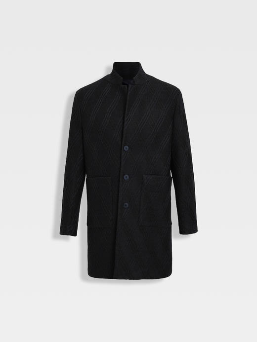 callisto星空蓝羊毛混纺微阔菱形格纹编织大衣 商品图0