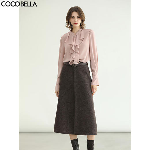 COCOBELLA设计感咖色羊毛通勤半身裙秋冬呢子高腰A字裙HS3161 商品图0