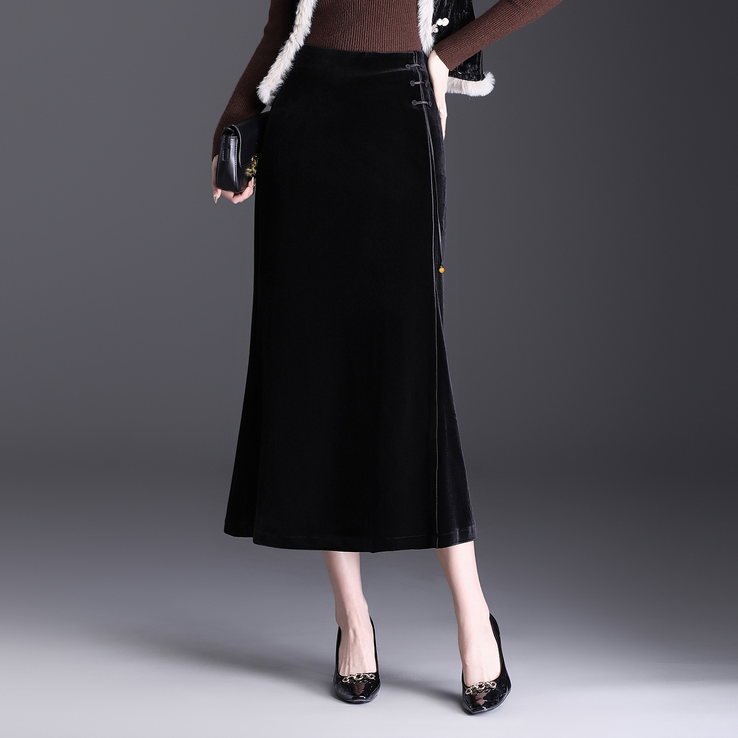国风复古丝绒鱼尾裙，高腰包臀裙时尚中长款黑色半身裙MYX-YGLR-M289-Y