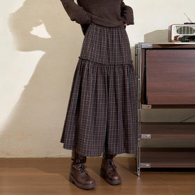 西遇复古木耳花边拼接格纹半身裙女冬季新款松紧高腰A字长裙V3755317
