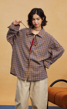 马得工地/MDGDCS14912/门襟绑带绣花格纹衬衫