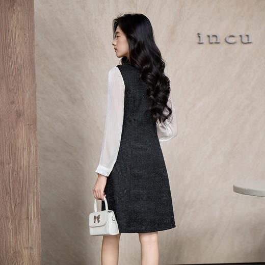 奢姿大码女装2025秋季时尚纽扣装饰撞色连衣裙胖妹妹气质优雅裙子9953853582 商品图3