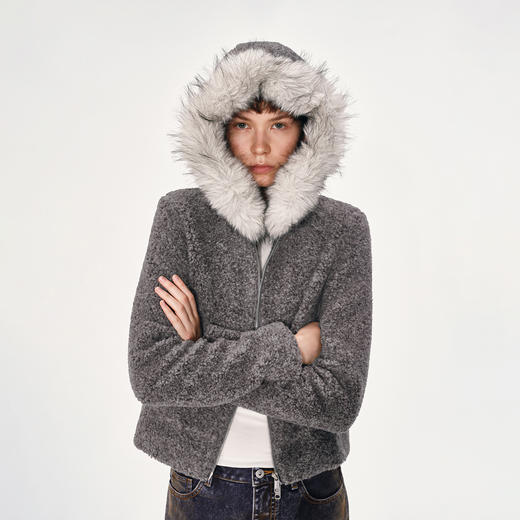 NUTH复古修身短款摇粒绒连帽卫衣厚外套女 棕色/灰色 商品图4