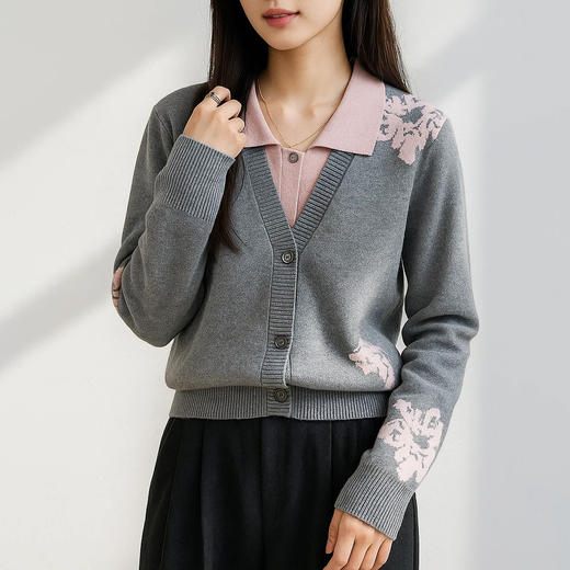 茧墨 雅致撞色印花减龄假两件针织毛衣开衫 商品图9