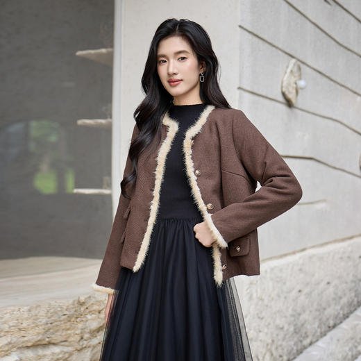 奢姿大码女装2025冬季减龄毛边假口袋设计时尚气质名媛毛呢短外套9954370381 商品图2