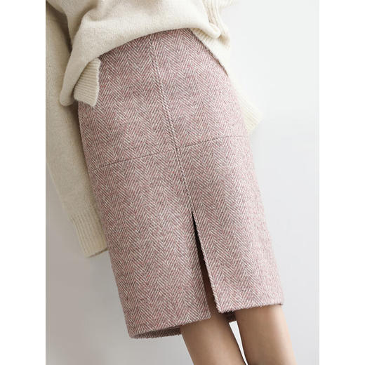 COCOBELLA气质粉色开叉高腰半身裙女秋冬通勤毛呢半裙HS0065 商品图0