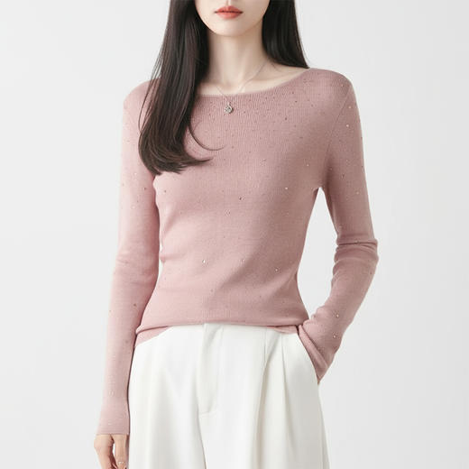 Grace&Glam 一线成衣满钻一字领精纺羊毛衫 商品图3
