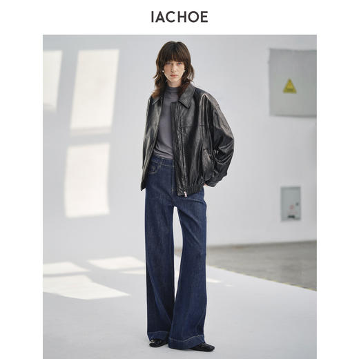 棉仓3661519010-复古蓝加绒微喇阔腿牛仔裤 商品图4