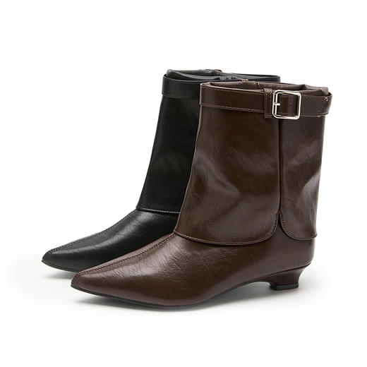 西遇尖头裤管靴女新款秋冬法式复古皮带扣单靴猫跟黑色短靴子V2057170 商品图4