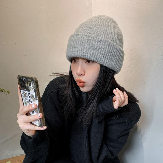 兔毛纯色毛线帽韩国ins潮秋冬日系冷帽加厚保暖套头针织帽女 商品图3