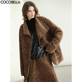 COCOBELLA新中式祥云纹植绒提花棉服女秋冬大翻领外套MF3238