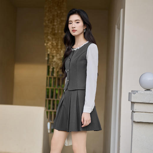 奢姿大码女装2025秋季时尚减龄亮钻撞色拼接上衣搭百褶裙两件套装9953993881AB 商品图1