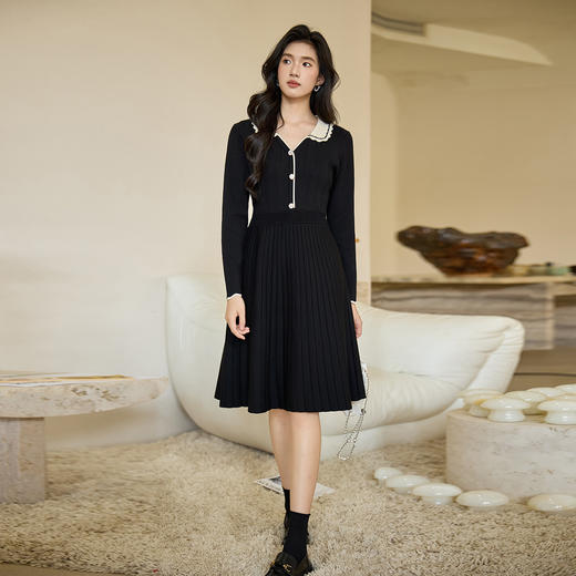 奢姿大码女装2026秋季胖妹妹时尚减龄花边设计娃娃领针织连衣裙9853891000 商品图2