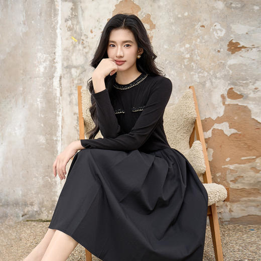 奢姿大码女装2025秋季时尚减龄亮钻装饰连衣裙胖妹妹气质优雅裙子 商品图0