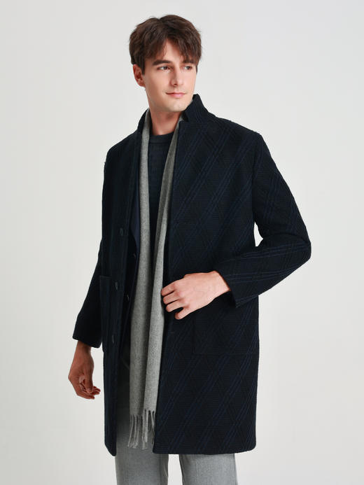 callisto星空蓝羊毛混纺微阔菱形格纹编织大衣 商品图3