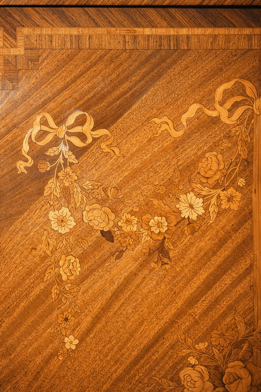 独角鹿西洋古董1890年代法国出品古典卷叶纹铜鎏金精雕装饰大理石台面繁花缎带主题细木镶嵌边柜 商品图7