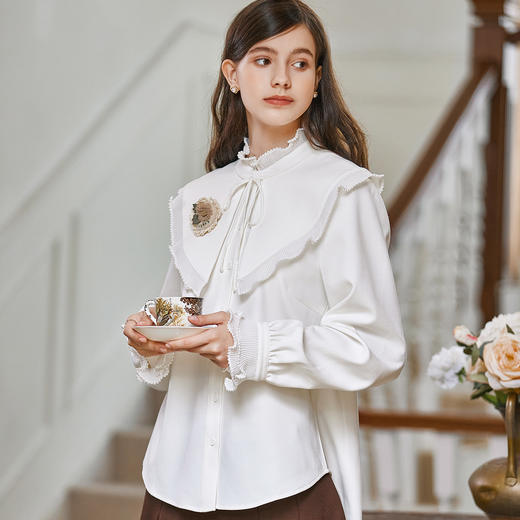 Famecoco范可儿披肩立领衬衫秋冬复古风甜美荷叶袖女式通勤衬衣FAB8BH023 商品图1