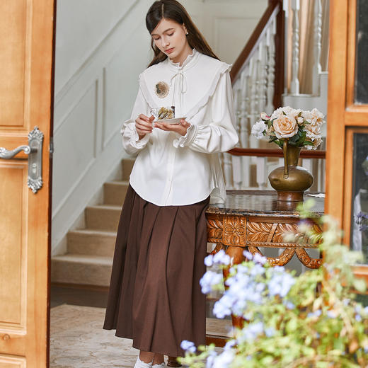 Famecoco范可儿披肩立领衬衫秋冬复古风甜美荷叶袖女式通勤衬衣FAB8BH023 商品图3