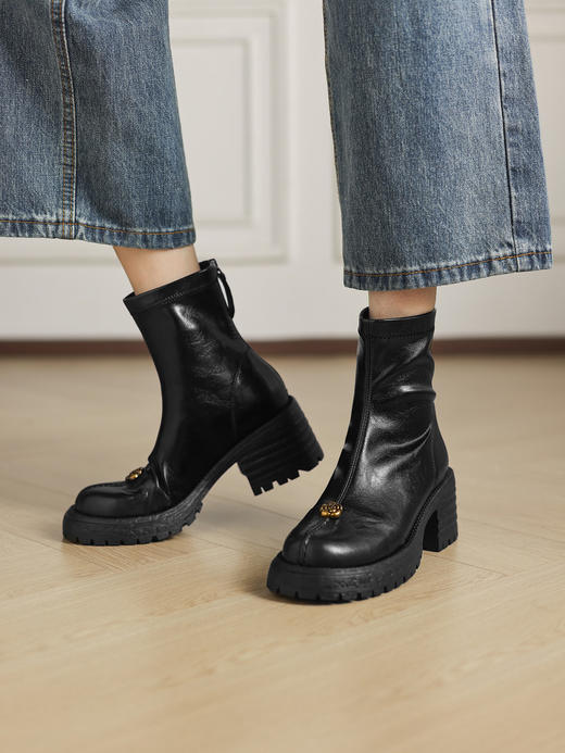 Ech&yolo羊皮拼接山茶花圆头粗跟厚底瘦瘦靴HB-1291（预售5-7天发货） 商品图0