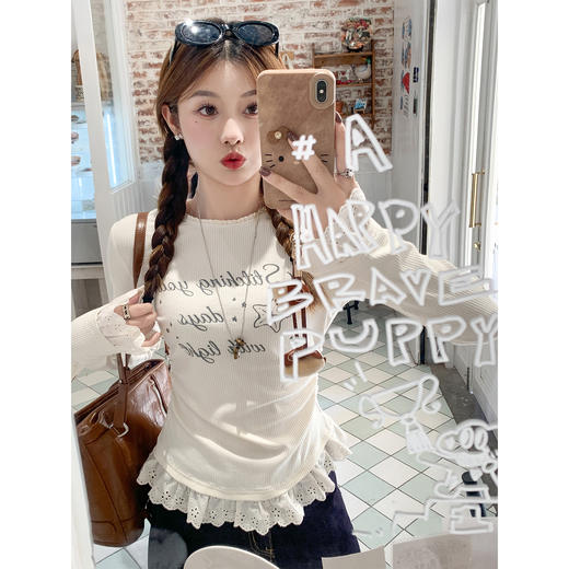 【129元任选2件】现货！韩系杏色印花长袖t恤 商品图3