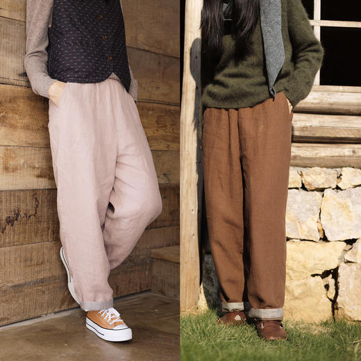 绽放739朵/暮色·汉麻绗棉全腰松紧拼复古条纹文艺长款休闲棉裤 商品图0