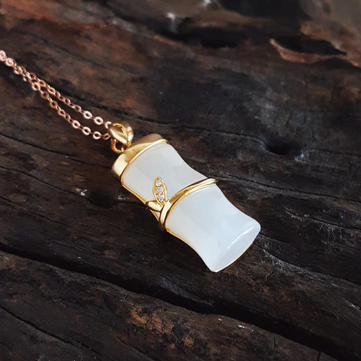 【天然正品】AU750黄金镶钻镶天然青海料细腻一级白油润度佳竹节（节节高升）和田玉吊坠项链链长：45CM（长度可调节）女士191025TJ59 商品图2