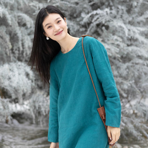 绽放751朵/撞色小蓝紫长裙·纯亚麻厚款显瘦撞色拼接长袖连衣裙女 商品图1