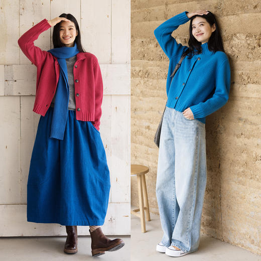 特绽放745朵/蜡笔·宽松全绵羊毛开衫立体坑条半高领开襟毛针织衫 商品图3