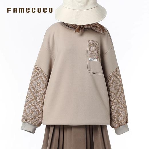 Famecoco范可儿宽松休闲套头卫衣印花拼接袖短款上衣FAB6BL005 商品图4
