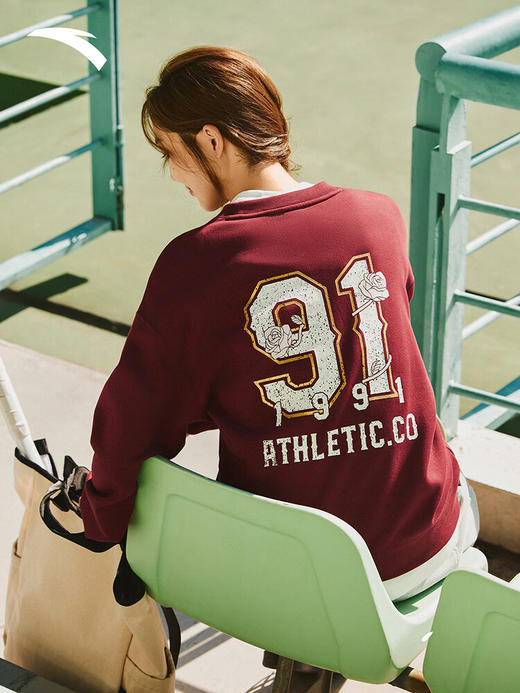 安踏落肩运动卫衣女冬季新款宽松圆领加绒休闲长袖上衣162548704N 安可拉红-3 商品图4