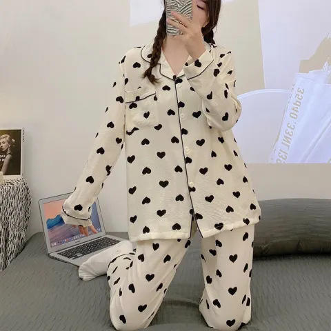 希燕茵春秋长袖泡泡布棉睡衣女皱布开衫爱心休闲直播韩国家居服套装XY0002★ 商品图2