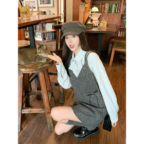 【179元任选2件】现货！韩系早秋灰色v领毛呢吊带背心连衣裙