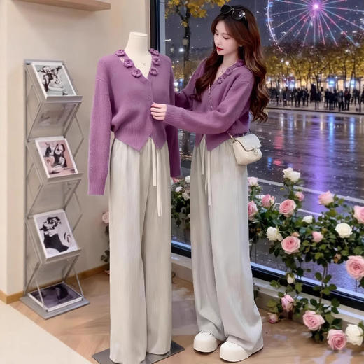 温柔慵懒花朵立体针织法式开阔腿裤套装 商品图0