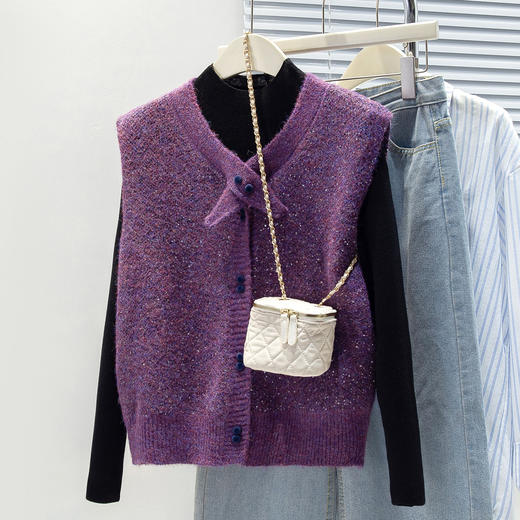 馥迦星光闪闪蝴蝶结领马甲开衫 商品图1