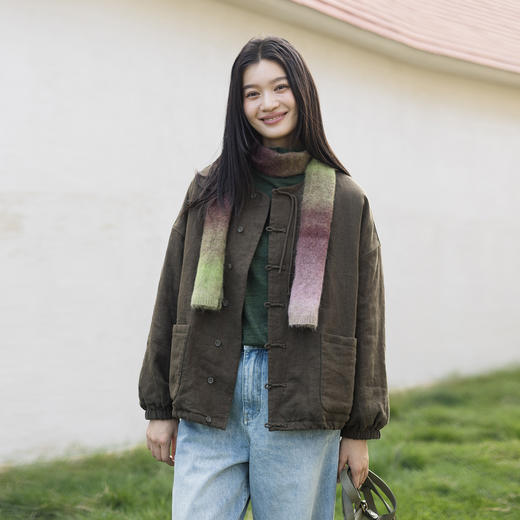 特绽放740朵/绗暖·加厚亚麻绗棉圆领开襟长袖下摆微收短款棉服女 商品图2