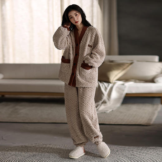 法黛琪冬季珊瑚绒女款开衫套装保暖睡衣 552214 商品图3