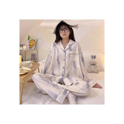 希燕茵春秋长袖泡泡布棉睡衣女皱布开衫爱心休闲直播韩国家居服套装XY0002★ 商品图8