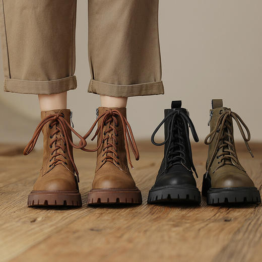 Ech&yolo侧拉链系带拼接牛皮厚底马丁短靴HBP-1842 商品图3