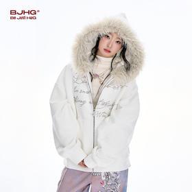 BJHG不计后果毛领连帽卫衣女秋冬新款潮牌复古加绒开衫休闲外套男