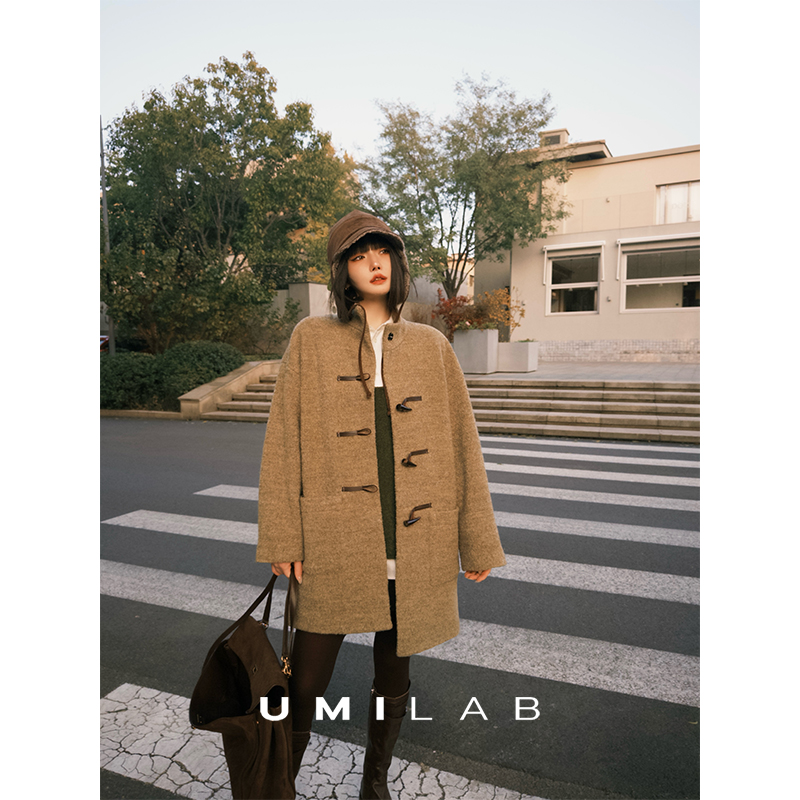 UMILAB｜空谷*长期主义 100%花纱羊毛 经典牛角扣中长款毛呢大衣C995W