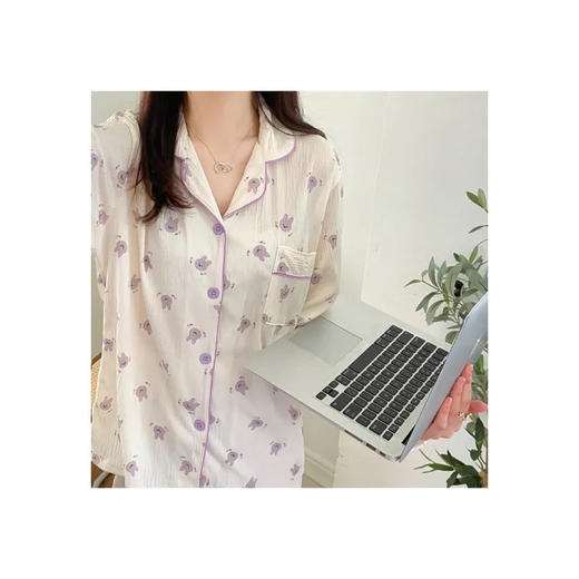 希燕茵春秋长袖泡泡布棉睡衣女皱布开衫爱心休闲直播韩国家居服套装XY0002★ 商品图10