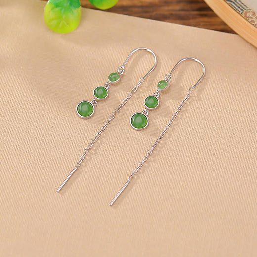 S925纯银和田玉碧玉流苏细长显脸小百搭耳线耳坠CW 商品图1