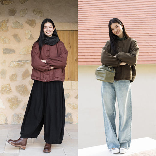 特绽放740朵/绗暖·加厚亚麻绗棉圆领开襟长袖下摆微收短款棉服女 商品图3