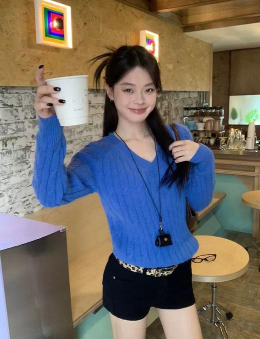 D110781显白克莱因蓝冬季新款V领加厚针织毛衣 商品图12