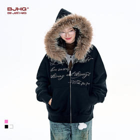 BJHG不计后果毛领连帽卫衣女秋冬新款潮牌复古加绒开衫休闲外套男